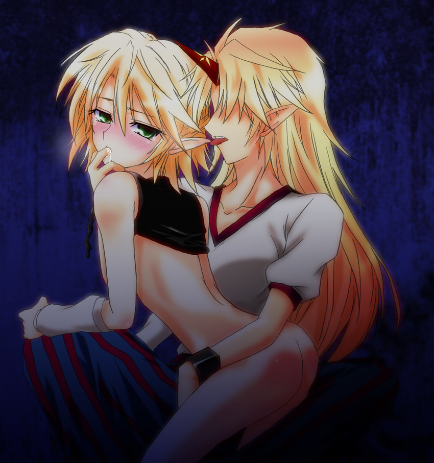 blonde_hair blush bottomless finger_in_mouth hazuki_kasane highres horn hoshiguma_yuugi mizuhashi_parsee multiple_girls pointy_ears touhou yuri