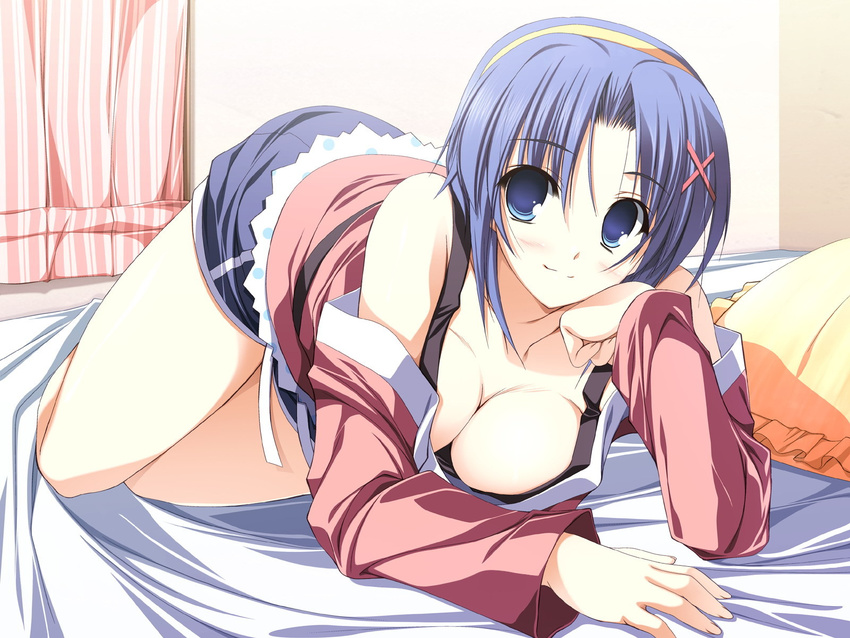 ayase_yuuka bare_shoulders bed blue_eyes blue_hair blush breasts cleavage downblouse hairband highres large_breasts loose_clothes loose_shirt lying sakura_strasse shirt short_hair shorts solo yuuki_makoto_(radiant)