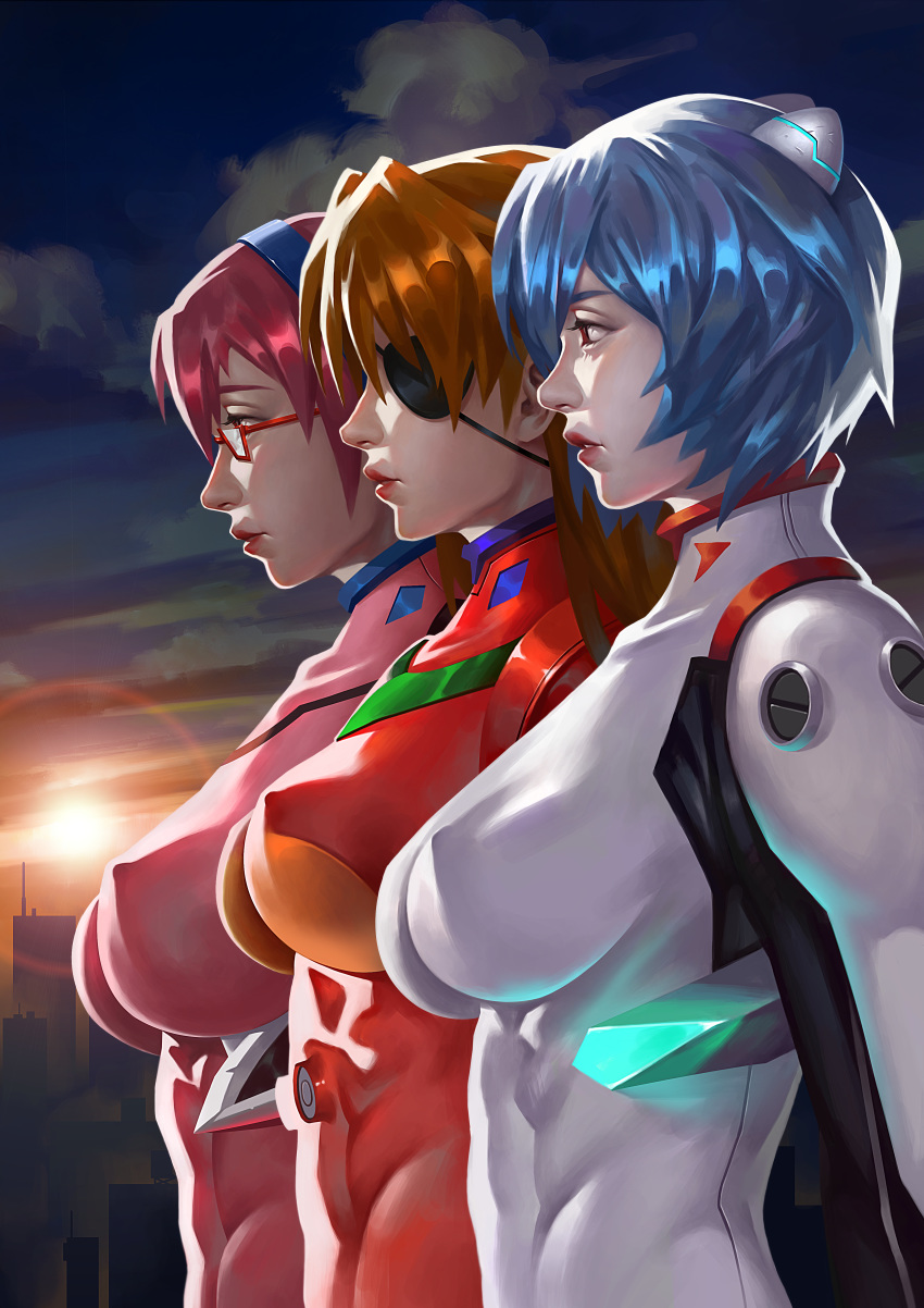 3girls absurdres arm_at_side ayanami_rei blue_hair blue_hairband bodysuit breasts brown_hair building closed_mouth cloud erect_nipples evangelion:_2.0_you_can_(not)_advance eyepatch female from_side glasses hair_ornament hairband hairpods highres junqi_mu large_breasts lineup lips lipstick long_hair looking_away makeup makinami_mari_illustrious medium_breasts multiple_girls neon_genesis_evangelion nipples outdoors parted_lips pilot_suit pink_bodysuit plugsuit purple_hair rebuild_of_evangelion red-framed_eyewear red_bodysuit red_eyes red_lipstick semi-rimless_eyewear serious short_hair skin_tight sky soryu_asuka_langley sunset upper_body white_bodysuit