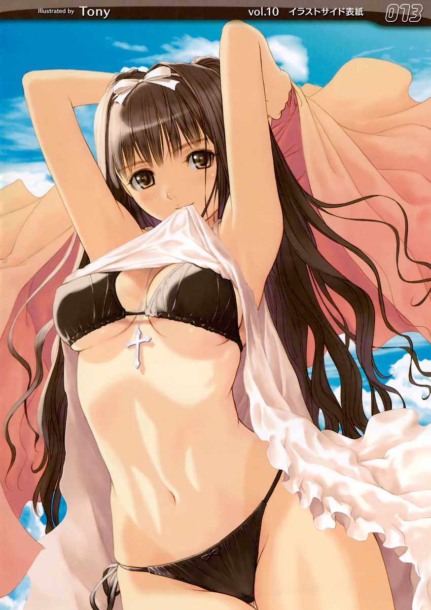 absurdres armpits arms_behind_head between_breasts bikini bikini_under_clothes black_bikini black_hair blush bow breasts brown_eyes cloud cross day dress dress_lift frills hair_bow highres jewelry long_hair medium_breasts mouth_hold necklace non-web_source one-piece_tan original outdoors scan shiny shiny_skin side-tie_bikini sky smile solo string_bikini swimsuit swimsuit_under_clothes tan tanaka_takayuki tanline underboob undressing