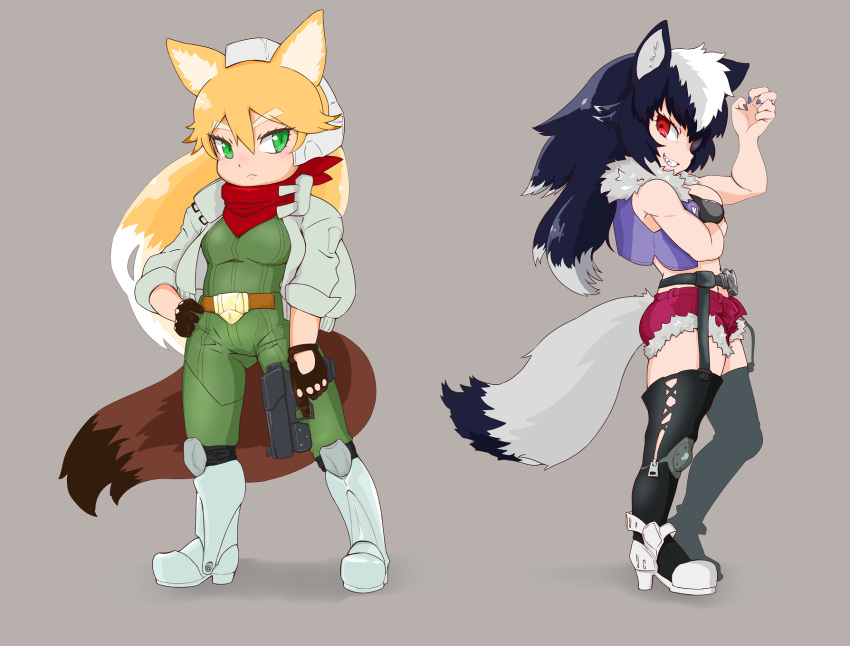 2girls animal_ears arm_under_breasts armored_boots bare_arms bare_shoulders belt black_hair blonde_hair boots bra breasts closed_mouth collared_jacket cosplay eyebrows eyebrows_visible_through_hair ezo_red_fox_(kemono_friends) fang fingernails fox_ears fox_mccloud fox_mccloud_(cosplay) fox_tail full_body fur_collar garter_belt garter_straps gloves graphite_(medium) green_eyes grey_background grey_hair grey_wolf_(kemono_friends) grin gun hair_between_eyes hand_on_hip hand_up handgun headset high_collar high_heels highres holding holding_gun holding_weapon jacket jumpsuit kemono_friends knee_pads long_hair long_sleeves looking_at_viewer multicolored_hair multiple_girls nail_polish nat_(gsx-r1300) nintendo open_clothes open_vest red_eyes scarf sharp_fingernails shoes short_shorts shorts simple_background smile standing star_fox tail thighhighs traditional_media tsurime two-tone_hair underwear vest weapon white_hair wolf_ears wolf_o'donnell wolf_o'donnell_(cosplay) wolf_tail zipper_pull_tab