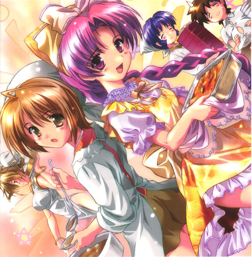 4girls apron blue_hair braid brown_hair cooking highres komatsu_eiji long_hair maburaho multiple_girls purple_hair shiny short_hair sleeves_rolled_up smile spoon star sweatdrop