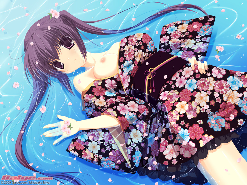 bare_shoulders breast_slip breasts flower galge.com japanese_clothes kimono long_hair lying medium_breasts miyasaka_miyu one_breast_out petals purple_eyes purple_hair shirt_pull solo twintails wallpaper water