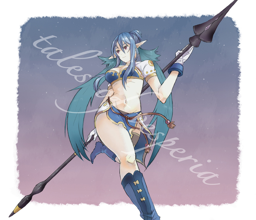 bad_id bad_pixiv_id blue_eyes blue_footwear boots breasts cleavage copyright_name gloves highres judith knee_boots medium_breasts pointy_ears polearm red_eyes smile solo spear standing standing_on_one_leg tales_of_(series) tales_of_vesperia thighs weapon wnhqd518