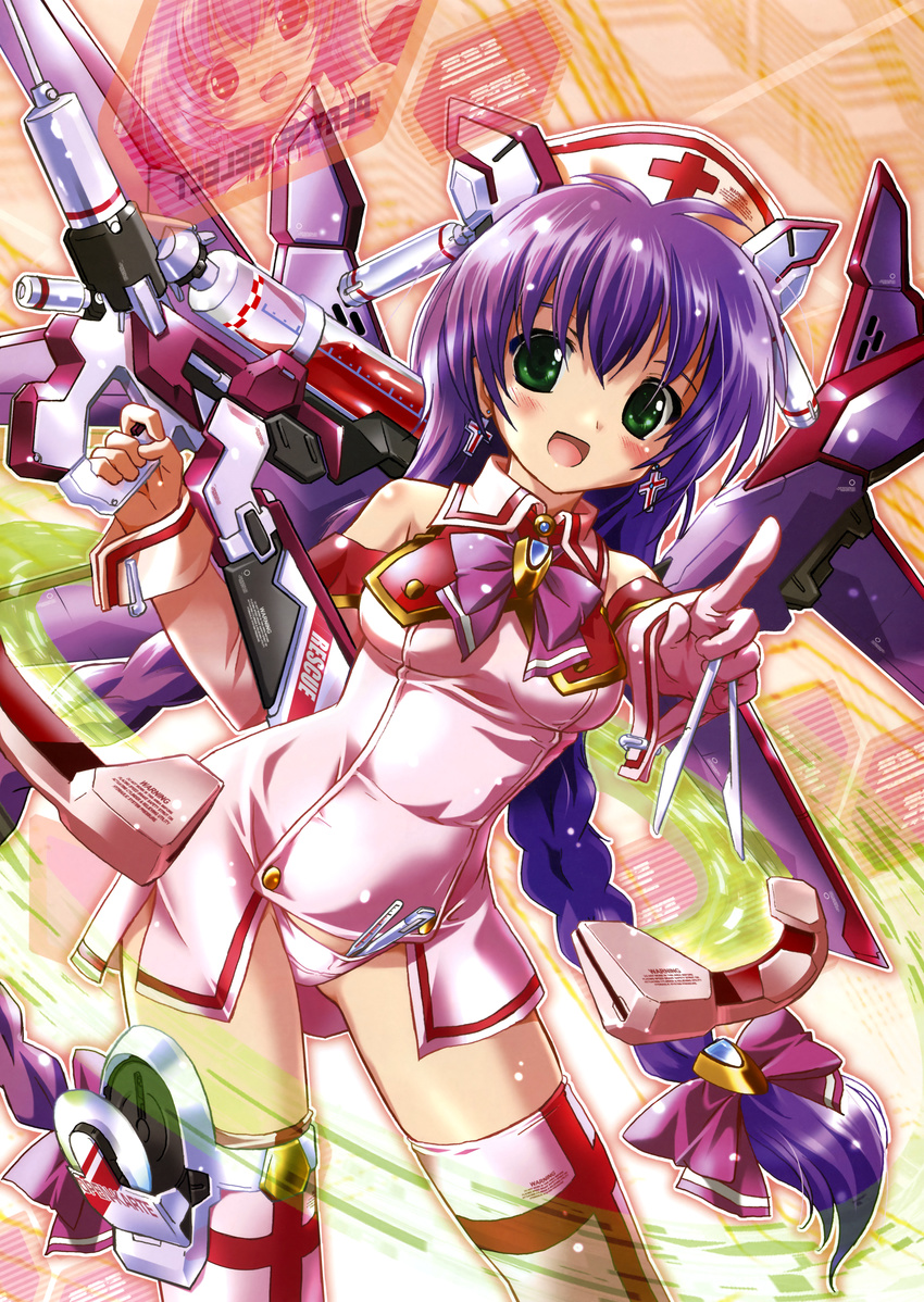 absurdres bare_shoulders blush bow braid copyright_request cross earrings gloves green_eyes gun hair_bow hat highres jewelry komatsu_eiji long_hair mecha_musume nurse nurse_cap panties pink_panties pointing purple_hair scalpel skirt solo syringe thermometer thighhighs twin_braids underwear very_long_hair weapon