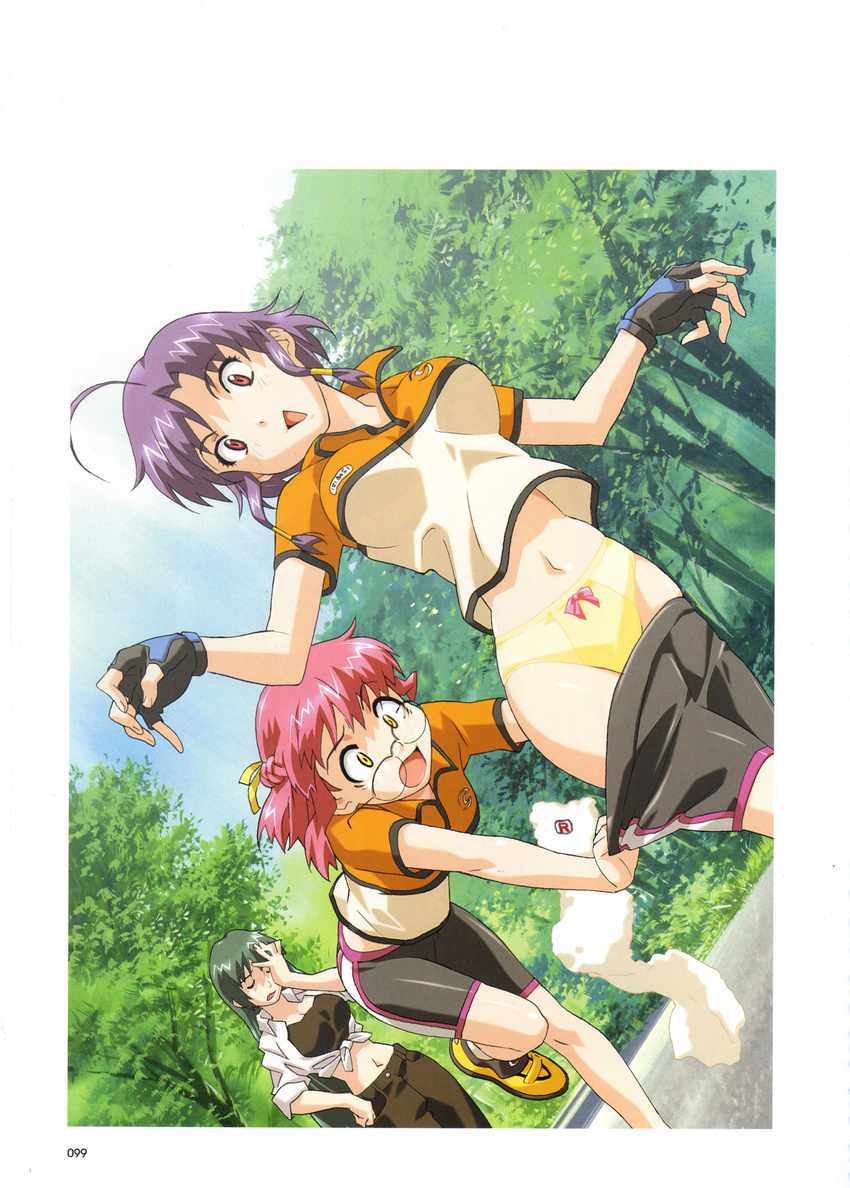 :d :o age_difference ahoge artbook assisted_exposure bangs bent_over bike_shorts blush bow bow_panties braid breasts closed_eyes crop_top day dutch_angle embarrassed facepalm fingerless_gloves front-tie_top glasses gloves green_hair hair_tubes hand_on_own_face happoubi_jin highres ishibashi_tsubame long_hair maruishi_otona medium_breasts midriff multiple_girls nature navel official_art open_mouth outdoors outstretched_arms panties parted_bangs pink_eyes pink_hair pulled_by_another road scan separate_blue shiny shiny_skin shirt shoes short_hair shorts shorts_pull side_braid sidelocks skindentation sky smile sneakers spread_arms standing surprised surprised_arms tied_shirt towel tree tripping tsurudo_misui underwear undressing yellow_eyes yellow_panties