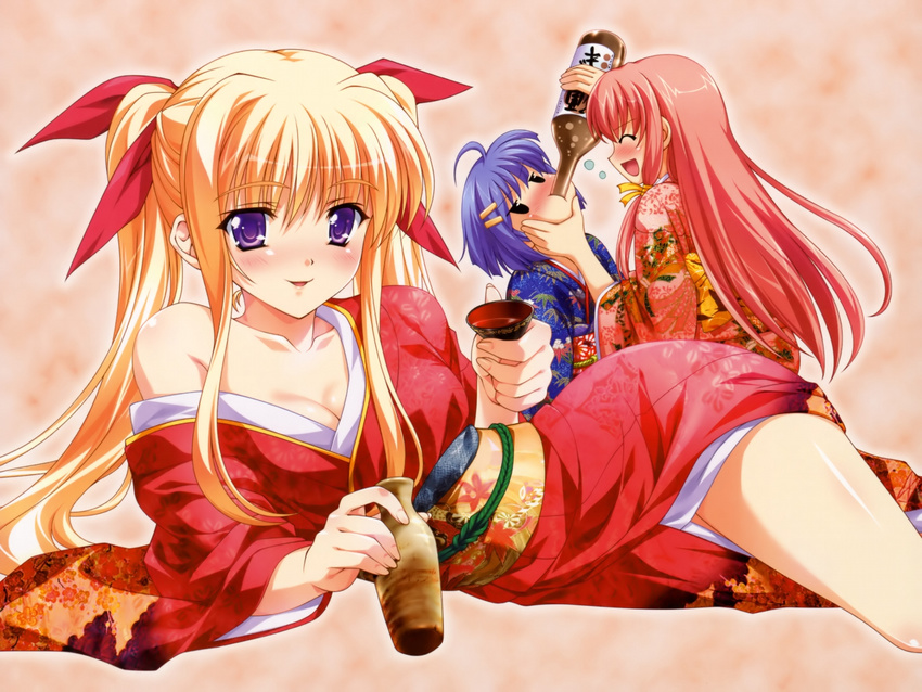 alcohol blonde_hair blue_hair drunk hayakawa_natsuo highres japanese_clothes kimono multiple_girls nagisano red_hair sake single_bare_shoulder tsukasa_yuuki twintails yagyuu_aoi yagyuu_satomi