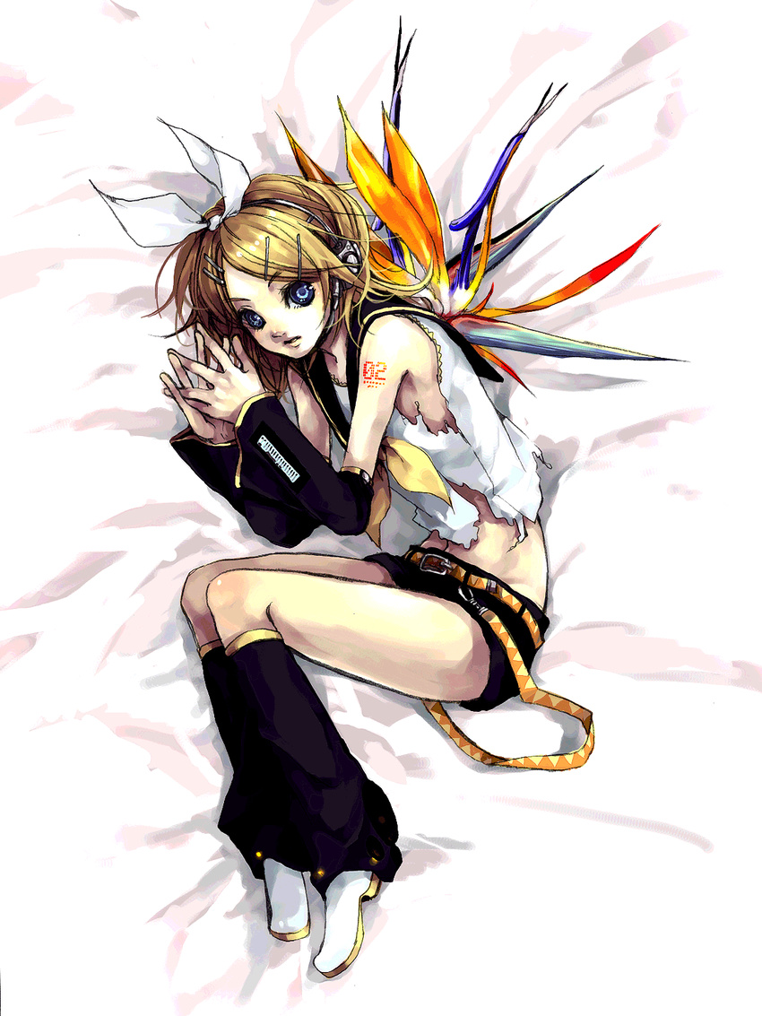 akiakane bad_id bad_pixiv_id belt blonde_hair fetal_position full_body gokurakuchou_(vocaloid) hairband headphones highres kagamine_rin lying short_hair solo torn_clothes vocaloid wings