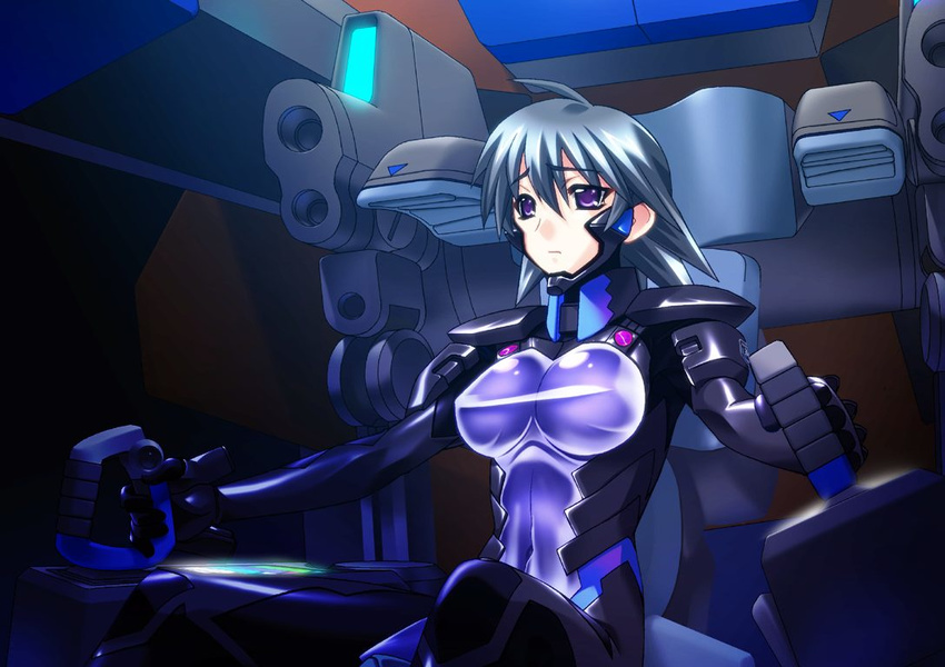 ahoge ayamine_kei black_hair bodysuit bou cockpit game_cg mecha muvluv muvluv_alternative pilot_suit purple_bodysuit purple_eyes short_hair sitting solo