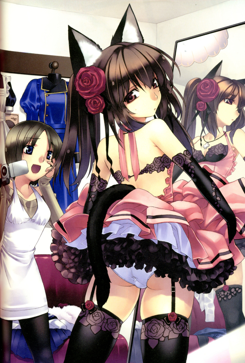 :&lt; :d absurdres animal_ears ass bare_shoulders black_gloves black_legwear blue_eyes brown_hair camera cat_ears cat_tail cowboy_shot cross cross_necklace elbow_gloves flower from_behind garter_straps gloves hair_flower hair_ornament hand_on_own_cheek highres hirano_katsuyuki indoors jewelry lace lace-trimmed_gloves lace-trimmed_thighhighs long_hair looking_at_another looking_at_viewer looking_back mirror multiple_girls necklace non-web_source open_mouth original panties pantyhose petticoat red_eyes red_flower red_rose reflection rose short_hair skirt skirt_lift smile standing tail thighhighs trefoil twintails underbust underwear white_panties