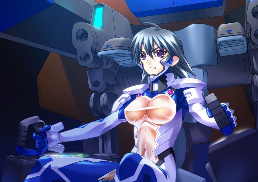 ahoge angry ayamine_kei black_hair bodysuit bou breasts cockpit game_cg highres large_breasts mecha muvluv pilot_suit purple_eyes see-through sheer_bodysuit short_hair sitting solo