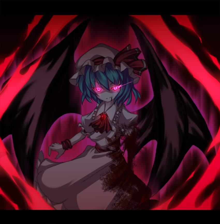 amputee ascot bad_id bad_pixiv_id bat_wings blood bloody_clothes blue_hair brooch fang glowing glowing_eyes hat highres injury jewelry kiyomin red_eyes remilia_scarlet severed_limb short_hair solo touhou wings