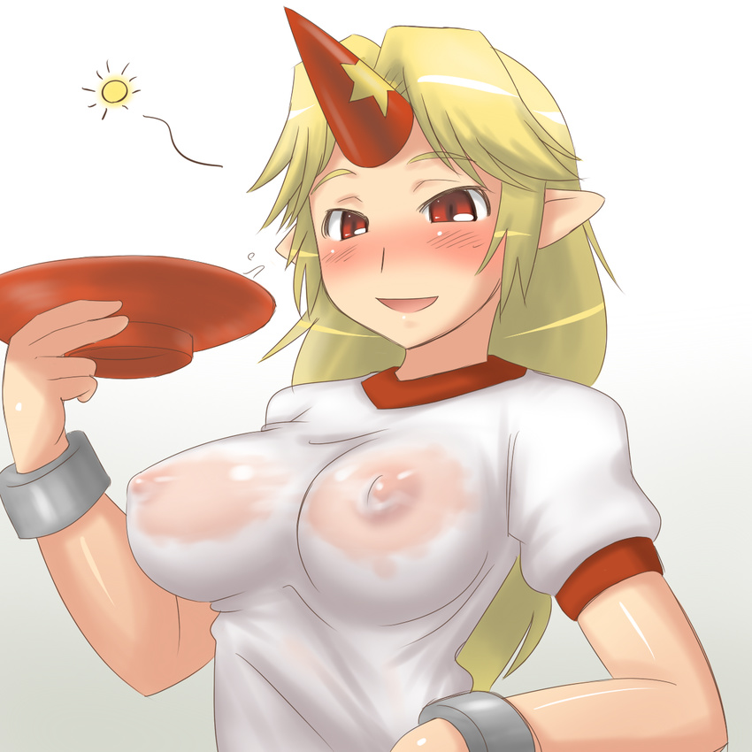 aaaa alcohol blonde_hair blush breasts breasts_apart covered_nipples cuffs cup drunk highres horn hoshiguma_yuugi huge_breasts impossible_clothes impossible_shirt nipples oni pointy_ears red_eyes sakazuki sake see-through shackles shirt solo touhou wet wet_clothes wet_shirt