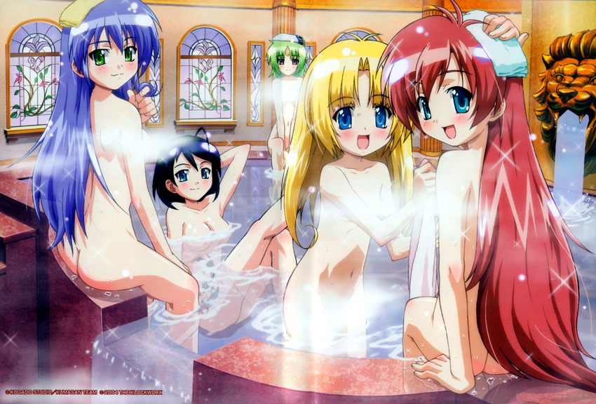 :d aoi_umi_no_tristia bath censored convenient_censoring multiple_girls navel nude onsen open_mouth scan sitting smile steam towel water