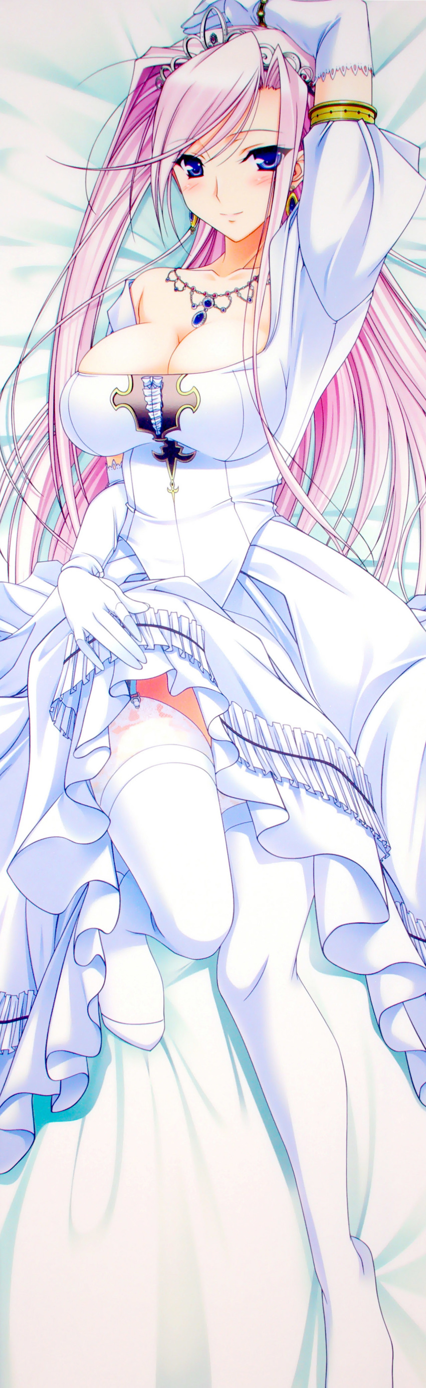 absurdres blue_eyes blush breasts charlotte_hazellink cleavage dakimakura dress elbow_gloves gloves highres jewelry komori_kei large_breasts long_hair long_image necklace pink_hair princess_lover scan smile solo stick_poster tall_image thighhighs tiara wedding_dress white_gloves