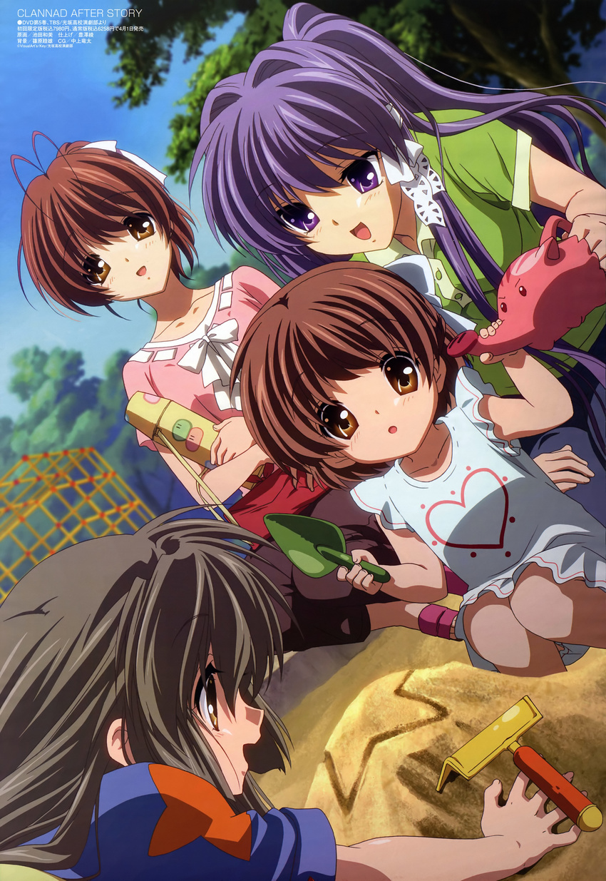 absurdres antenna_hair brown_eyes brown_hair casual clannad dango_daikazoku dutch_angle fujibayashi_kyou furukawa_nagisa grey_hair heart highres ibuki_fuuko ikeda_kazumi long_hair megami multiple_girls official_art okazaki_ushio purple_eyes purple_hair sand sandbox star trowel