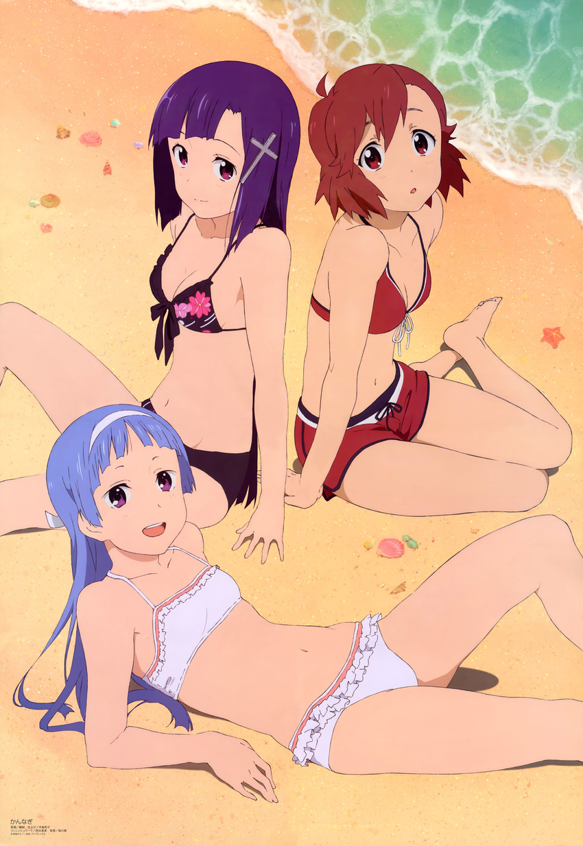 :d :o absurdres aoba_tsugumi barefoot beach bikini bikini_shorts blue_hair breasts cleavage frilled_bikini frills front-tie_top headband highres kannagi kisu_makoto looking_at_viewer lying medium_breasts megami multiple_girls nagi navel non-web_source official_art on_back open_mouth purple_eyes purple_hair red_eyes red_hair scan shorts sitting smile swimsuit water yokozuwari zange