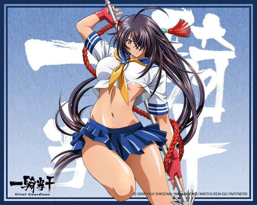 2008 antenna_hair arm_up bangs blue_background blue_eyes border breasts company_name copyright_name cowboy_shot crop_top crop_top_overhang dated fighting_stance fingerless_gloves gloves gradient gradient_background hair_over_one_eye hip_bones holding holding_weapon ikkitousen ikkitousen_great_guardians kan'u_unchou large_breasts leg_lift logo long_hair looking_at_viewer midriff miniskirt navel neckerchief no_bra official_art pleated_skirt polearm purple_hair red_gloves rin-sin rope school_uniform serafuku serious shirt short_sleeves skirt sleeve_cuffs solo spear underboob very_long_hair wallpaper weapon