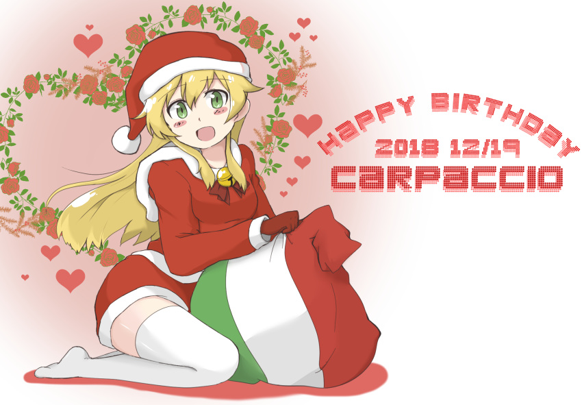 1girl :d alternate_costume bangs bell blonde_hair blush_stickers bow carpaccio character_name commentary_request dated english_text eyebrows_visible_through_hair flag_print flower fur-trimmed_jacket fur-trimmed_skirt fur_trim girls_und_panzer gloves green_eyes happy_birthday hat head_tilt heart highres italian_flag ivy jacket jingle_bell long_hair long_sleeves looking_at_viewer miniskirt no_shoes open_mouth partial_commentary red_bow red_flower red_gloves red_hat red_jacket red_rose red_skirt rose sack santa_costume santa_hat shadow sitting skirt smile solo thighhighs wariza white_legwear zono_(inokura_syuzo029)