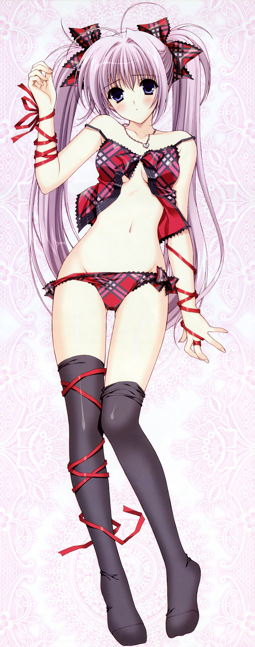 absurdres babydoll black_legwear blue_eyes blush dakimakura feet full_body highres huge_filesize jewelry lingerie locket original panties pendant plaid purple_hair ribbon side-tie_panties solo suzuhira_hiro thighhighs twintails underwear