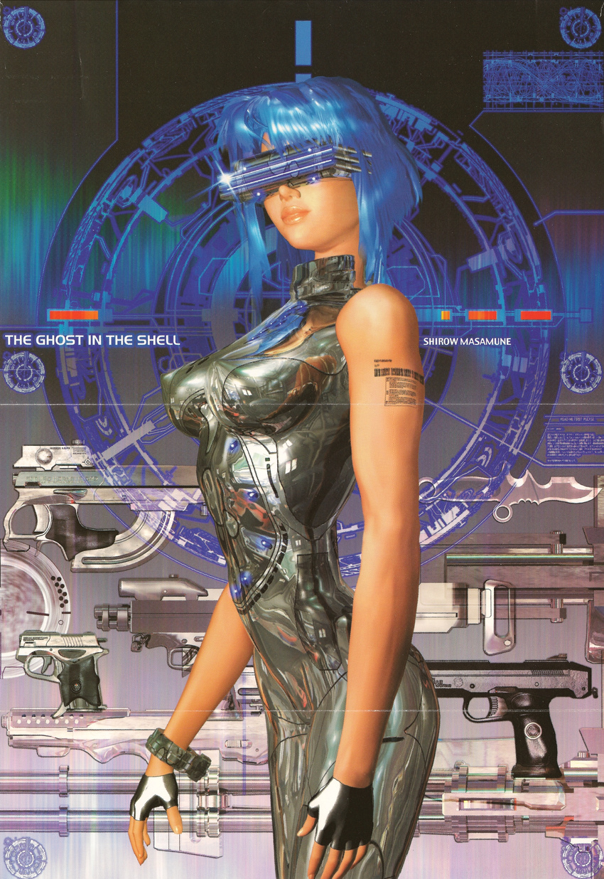 absurdres blue_hair ghost_in_the_shell gun guns highres kusanagi_motoko masamune_shirow shirou_masamune visor weapon