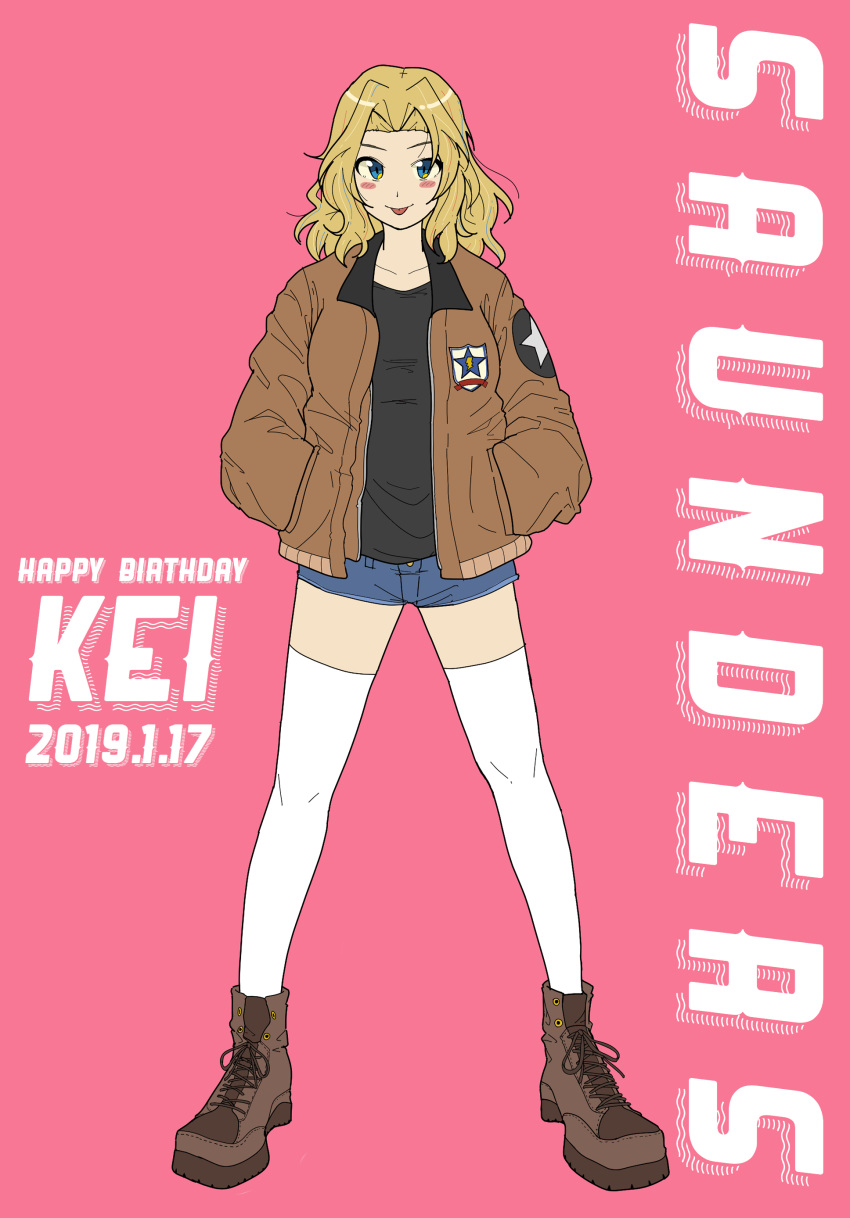 1girl :p absurdres ankle_boots black_shirt blonde_hair blue_eyes blue_shorts blush_stickers boots brown_footwear brown_jacket character_name closed_mouth commentary cross-laced_footwear dated denim denim_shorts emblem english_text girls_und_panzer hair_intakes hands_in_pockets happy_birthday highres jacket kay_(girls_und_panzer) long_hair long_sleeves looking_at_viewer micro_shorts military military_uniform open_clothes open_jacket pink_background saunders_(emblem) saunders_military_uniform shirt shorts simple_background smile solo st._gloriana's_military_uniform standing star thighhighs tongue tongue_out uniform white_legwear zono_(inokura_syuzo029)
