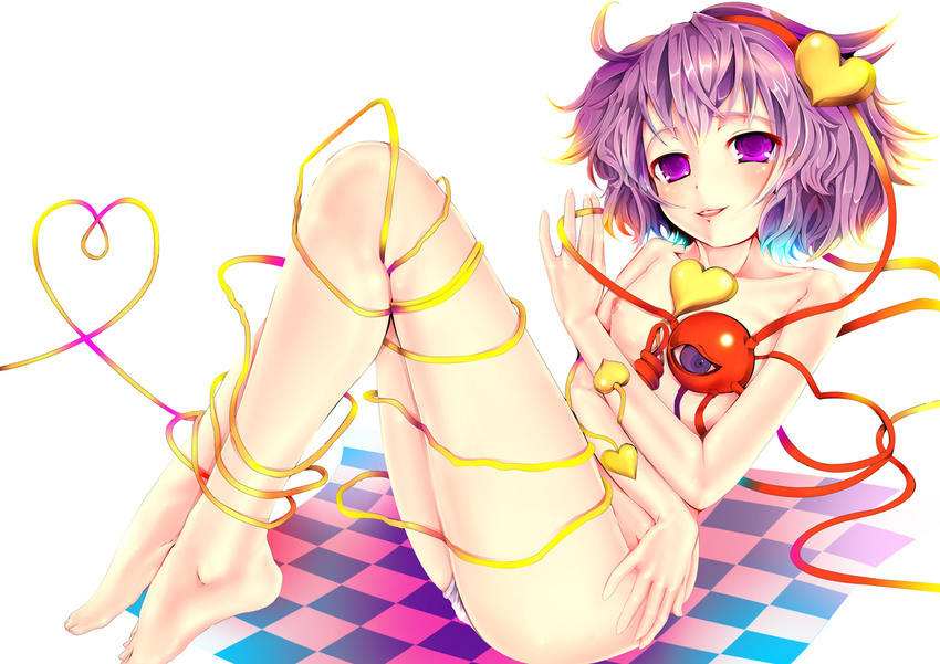 barefoot feet heart heart_of_string komeiji_satori legs nude purple_eyes purple_hair ribbon short_hair solo teruru touhou