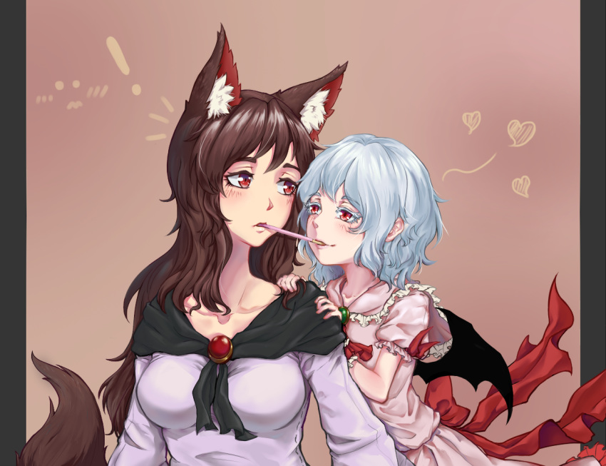 ! 2girls animal_ear_fluff animal_ears artist_request bat_wings border breasts brooch brown_hair food food_in_mouth grey_border hand_on_another's_shoulder heart height_difference imaizumi_kagerou jewelry long_hair looking_at_another multiple_girls pocky pocky_kiss red_eyes shared_food sharing_food short_hair spoken_heart tail touhou white_hair wings wolf_ears wolf_tail