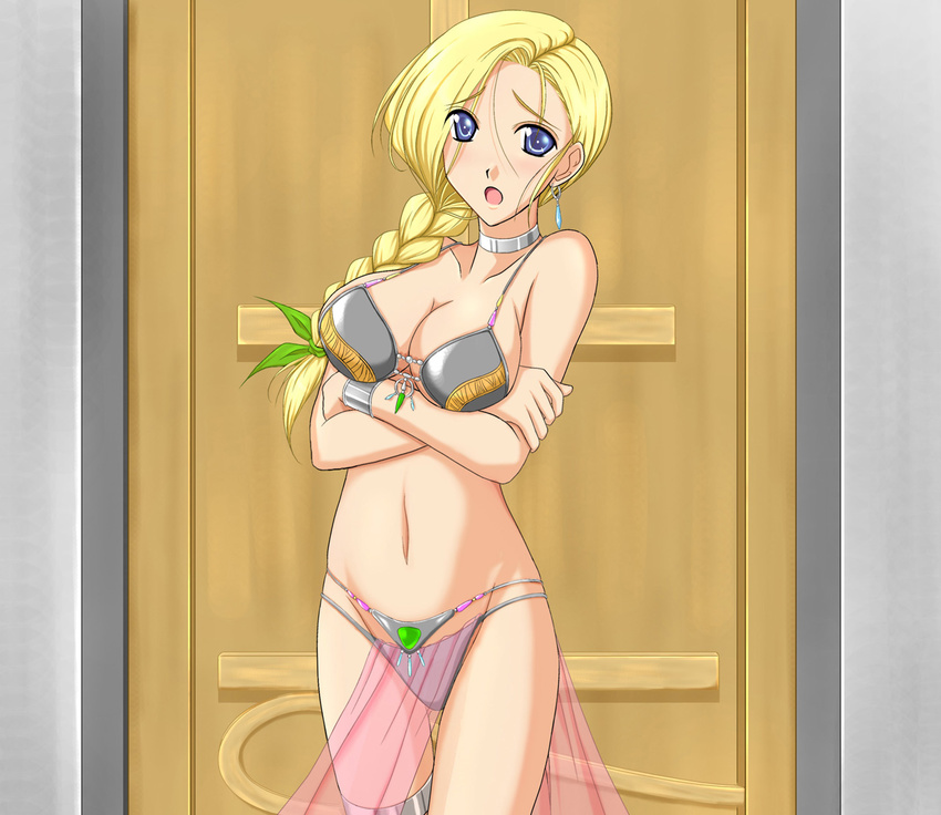 bianca bikini blonde_hair blue_eyes braid breast_hold breasts choker cleavage dancer dancer's_costume_(dq) door dragon_quest dragon_quest_v earrings embarrassed hair_over_shoulder jewelry large_breasts long_hair navel pelvic_curtain single_braid solo swimsuit