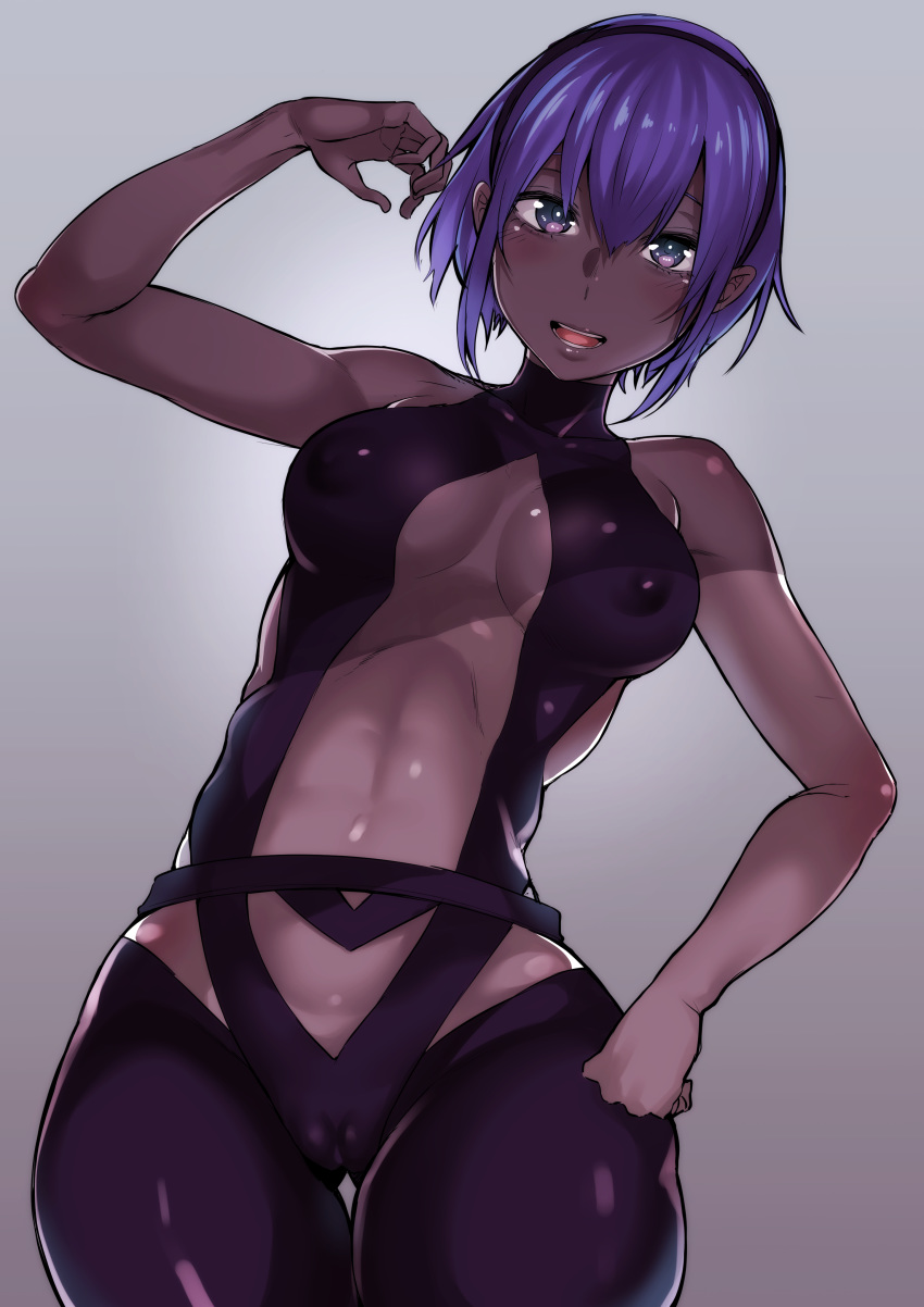 1girl :d absurdres bare_shoulders blush breasts cameltoe cleavage dark_skin erect_nipples fate/grand_order fate/prototype fate/prototype:_fragments_of_blue_and_silver fate_(series) grey_background hair_between_eyes hairband hand_on_hip hassan_of_serenity_(fate) highres kayumidome looking_at_viewer navel open_mouth purple_eyes purple_hair revealing_clothes shiny shiny_skin short_hair simple_background sleeveless smile solo teeth tongue