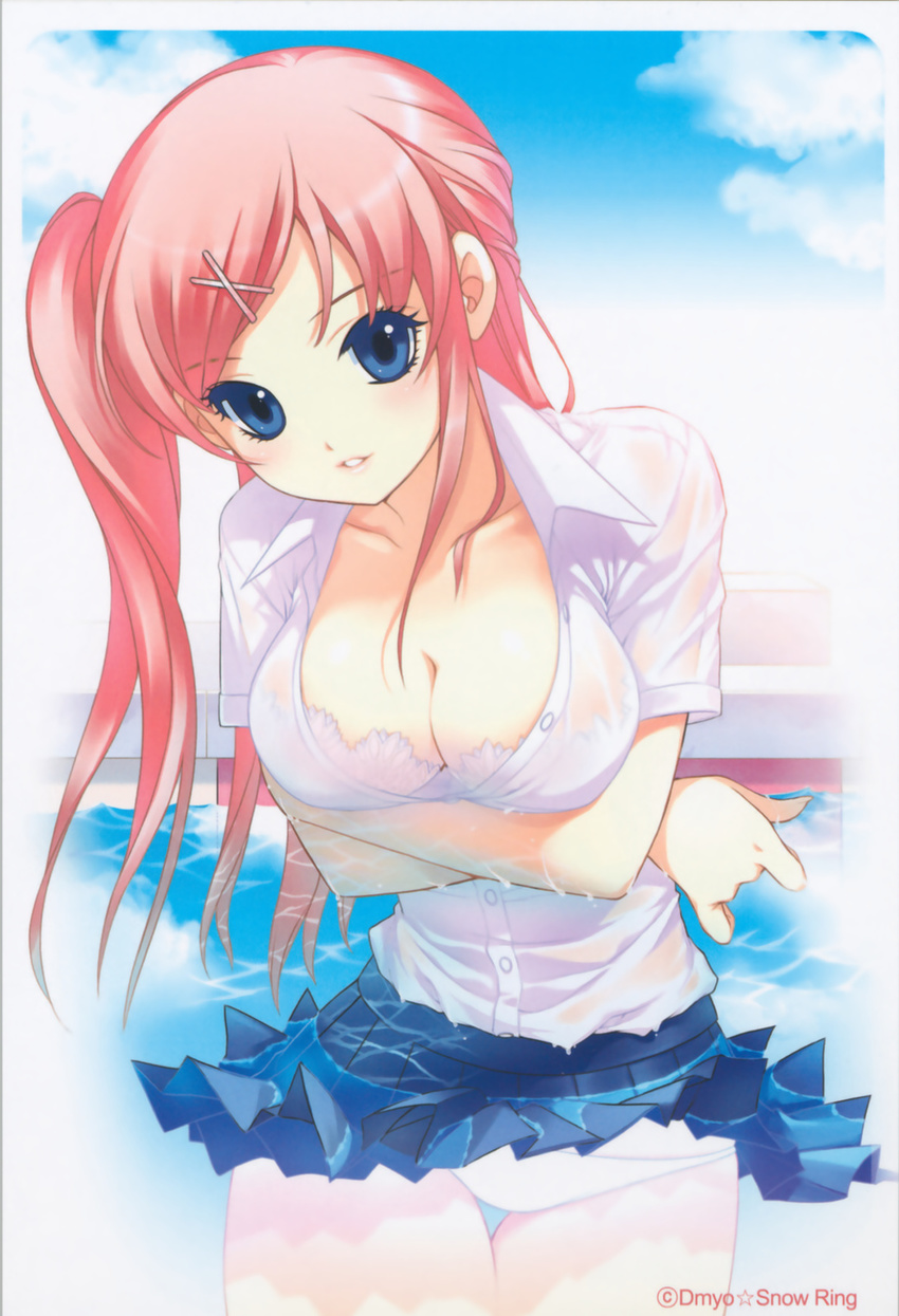 blue_eyes bra breasts cleavage copyright_request highres large_breasts lingerie long_hair lowleg lowleg_panties open_clothes open_shirt panties pink_hair shirahane_nao shirt solo underwear water wet wet_clothes white_panties