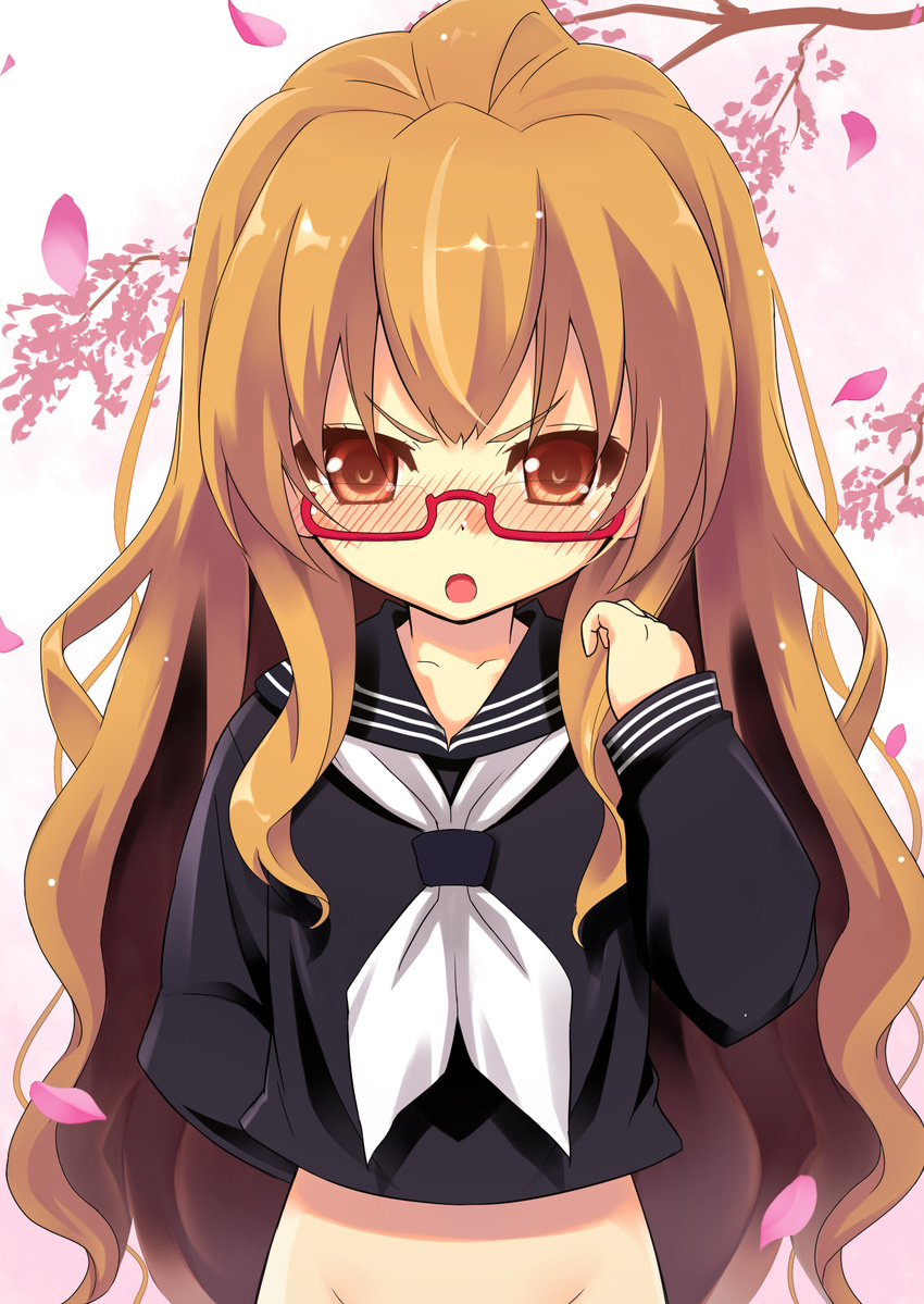 aisaka_taiga bespectacled black_serafuku blush bottomless brown_eyes brown_hair cherry_blossoms glasses highres long_hair osa_(osaosa) school_uniform serafuku solo toradora!