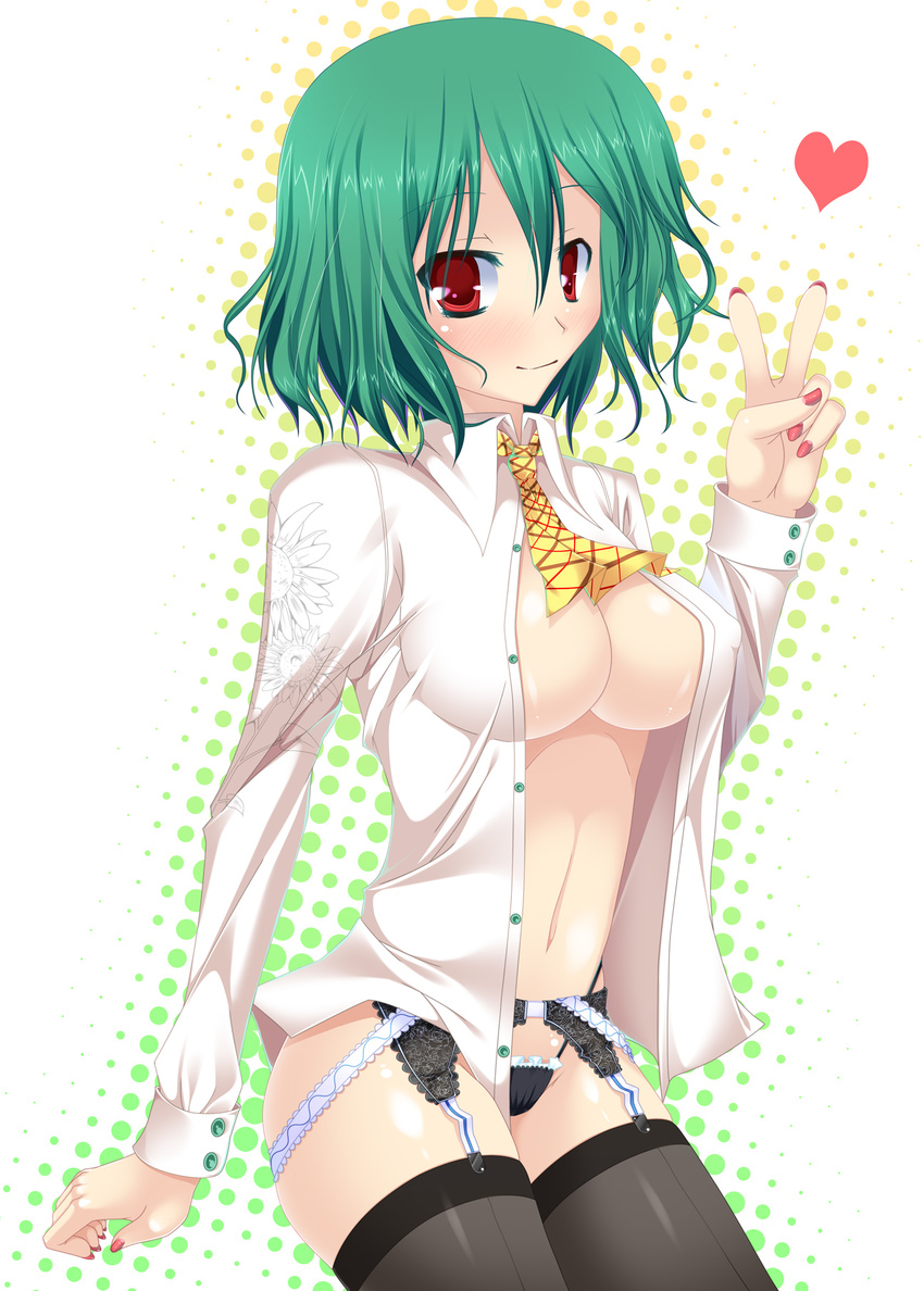 ascot bad_id bad_pixiv_id blush breasts cleavage garter_belt green_hair heart highres kazami_yuuka kirise_mitsuru large_breasts lingerie navel open_clothes open_shirt red_eyes shirt short_hair solo thighhighs touhou underwear v