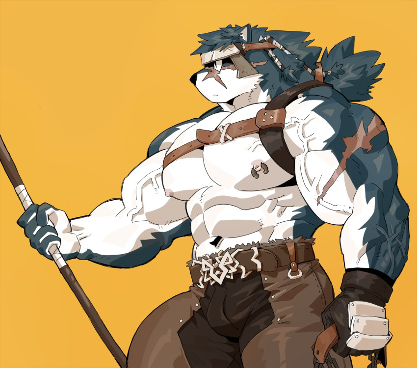 2019 5_fingers anthro biceps canid canine clothing digital_media_(artwork) fur hi_res kemono male mammal muscular muscular_male nipples scar syukapong