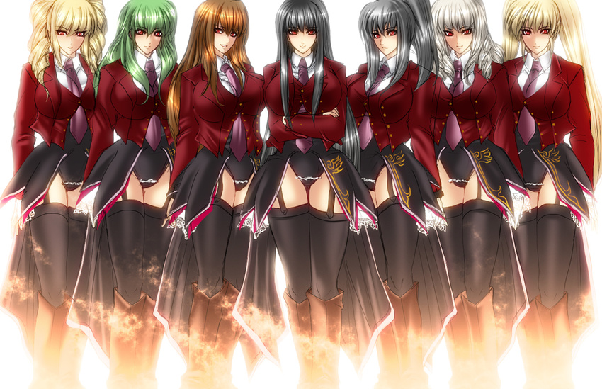 asmodeus bad_id bad_pixiv_id beelzebub belphegor black_hair blonde_hair breasts brown_hair curly_hair everyone frills garter_belt green_hair huge_breasts juri_(shiningred) laughing leviathan_(umineko) long_hair lucifer mammon multiple_girls necktie pink_neckwear ponytail red_eyes satan smile stakes_of_purgatory thighhighs twintails umineko_no_naku_koro_ni uniform