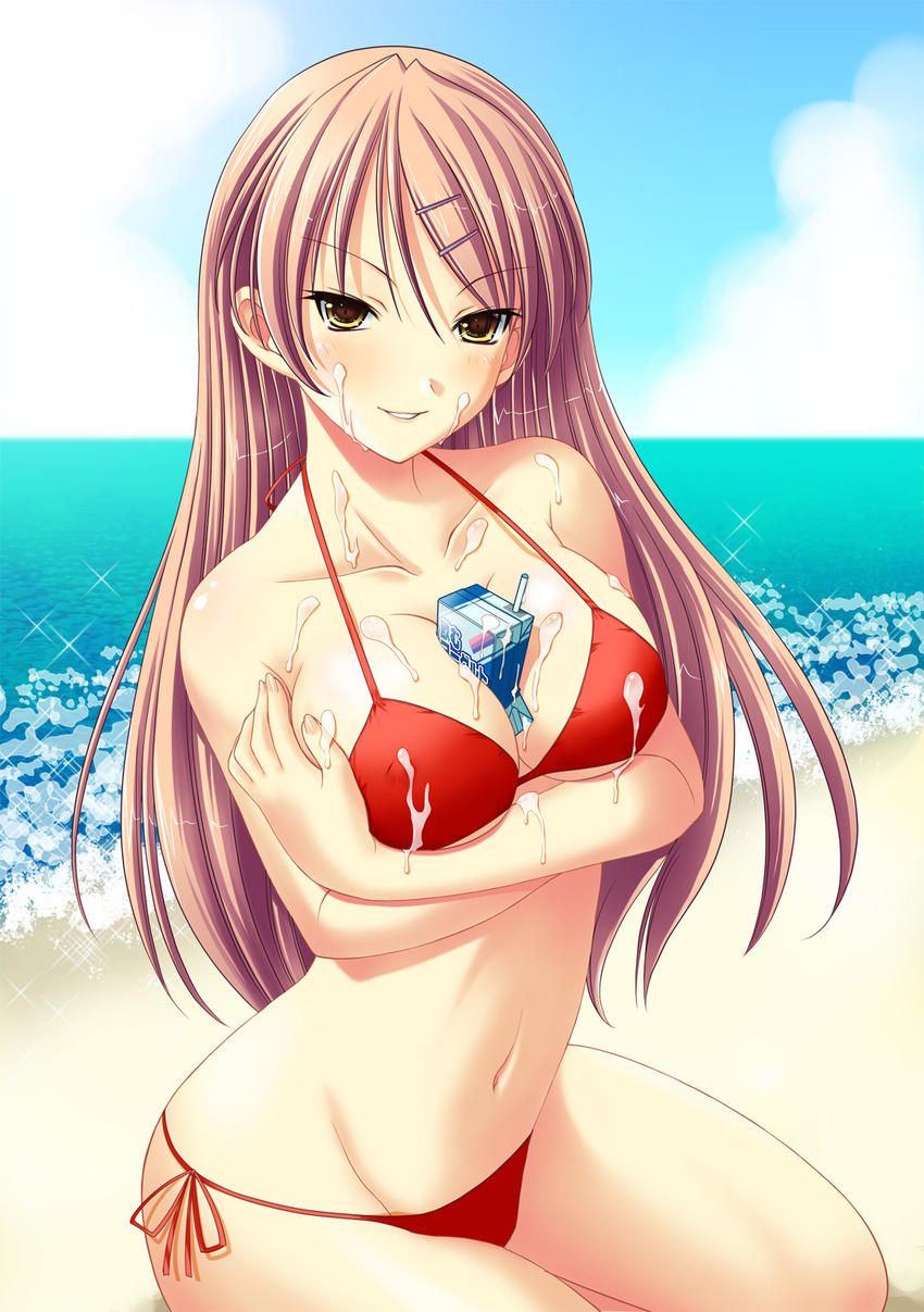 beach between_breasts bikini blonde_hair breast_hold breasts brown_eyes cleavage cloud day hair_ornament hairclip highres juice_box large_breasts long_hair naughty_face navel ocean original outdoors red_hair saitou_tsukasa seductive_smile sexually_suggestive side-tie_bikini sky smile solo swimsuit teasing yogurt