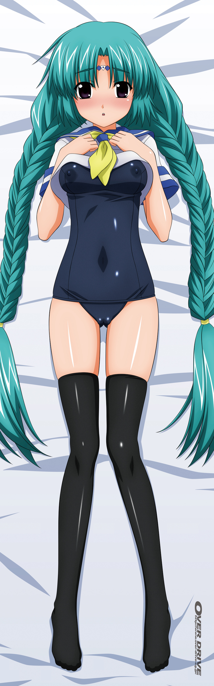 absurdres bed_sheet black_legwear blush braid breasts cameltoe canal_vorfeed dakimakura feet full_body green_hair highres huge_filesize incredibly_absurdres long_hair lost_universe nipples no_pants one-piece_swimsuit open_mouth purple_eyes school_swimsuit school_uniform shirt_lift small_breasts solo sugimura_tomokazu swimsuit swimsuit_under_clothes thighhighs twin_braids