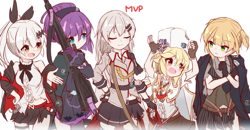 5girls absurdres carcano_m91/38_(girls_frontline) english_text eyes_closed fingerless_gloves five-seven_(girls_frontline) fur_hat girls_frontline gloves hat highres jacket_over_shoulder matsuo_(matuonoie) multiple_girls nagant_revolver_(girls_frontline) sv-98_(girls_frontline) ushanka welrod_mk2_(girls_frontline)