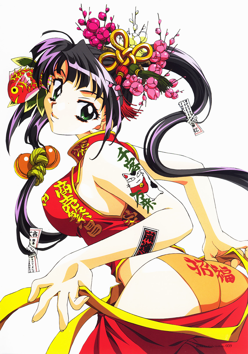 ass bare_arms bell body_writing breasts china_dress chinese_clothes clothes_writing copyright_request dress dressing fish fish_hair_ornament flower from_side green_eyes hair_bell hair_flower hair_ornament highres jingle_bell kadoi_aya large_breasts lips looking_back maneki-neko ofuda orange_panties panties purple_hair shirt simple_background sleeveless sleeveless_shirt solo tassel tattoo tsurime underwear white_background