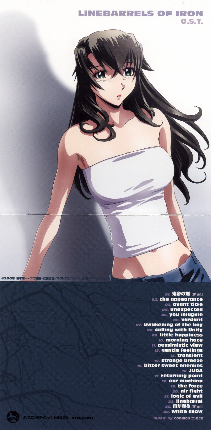 absurdres album_cover bandeau bare_shoulders black_hair blush cover crease green_eyes highres hirai_hisashi kizaki_emi kurogane_no_linebarrel lipstick long_hair makeup midriff navel official_art scan scan_artifacts solo strapless tubetop