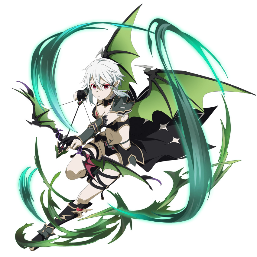 1girl alternate_color alternate_eye_color alternate_hair_color armor arrow bikini_armor black_cape black_footwear black_gloves black_panties boots bow_(weapon) breasts cape choker cleavage demon_wings frown full_body gloves green_wings hair_between_eyes hair_ornament highres holding holding_arrow holding_bow_(weapon) holding_weapon knee_boots leg_up looking_at_viewer medium_breasts midriff navel official_art panties pointy_ears red_eyes short_hair silver_hair simple_background sinon solo stomach sword_art_online thigh_strap underwear waist_cape weapon white_background wings