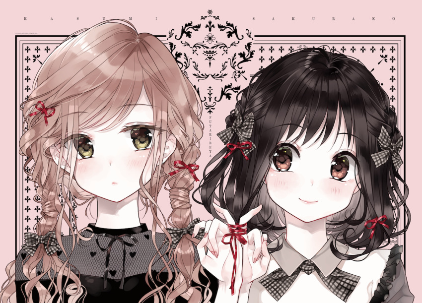 2girls bangs black_bow black_hair black_neckwear blush bow braid brown_eyes brown_hair character_name collared_shirt commentary_request eyes_visible_through_hair frills futaribeya hair_bow hair_ribbon hand_up kawawa_sakurako long_hair multiple_girls nail_polish neck_ribbon pale_skin pink_background pink_nails pinky_out plaid plaid_bow plaid_neckwear red_ribbon red_string ribbon shirt short_hair sidelocks smile string string_on_pinky twin_braids upper_body yamabuki_kasumi yukiko_(tesseract) yuri