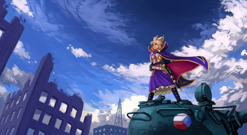 belt blonde_hair boots breasts brown_eyes building cape cloud cloudy_sky gloves highres holding holding_sword holding_weapon long_skirt medium_breasts purple_cape ruins sheath sheathed shirt skirt sky standing standing_on_object sword t-55 tank_top touhou toyosatomimi_no_miko u-joe weapon white_shirt