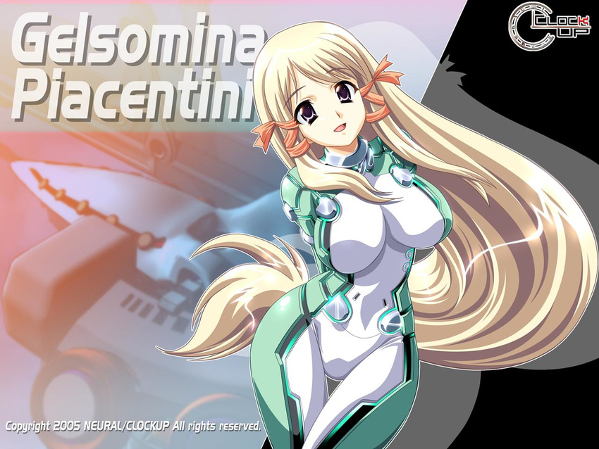 blonde_hair bodysuit clock_up clockup dyogrammaton gelsomina_piacentini gelsomina_piacentini(mina) long_hair mecha ribbon wallpaper