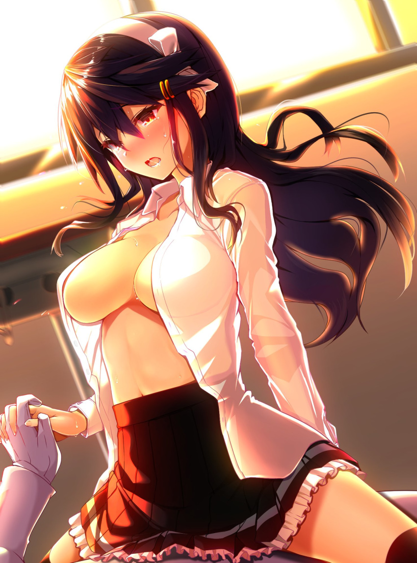 1girl admiral_(kantai_collection) bangs black_hair black_skirt blush breasts brown_eyes collarbone collared_shirt girl_on_top gloves hair_ornament hairband hand_holding haruna_(kantai_collection) highres indoors jacket kantai_collection large_breasts long_hair looking_at_another navel open_clothes open_mouth open_shirt pants petticoat remodel_(kantai_collection) shirt sidelocks skirt solo_focus stomach straddling sunset sweat swept_bangs tearing_up tsukui_kachou white_gloves white_jacket white_pants white_shirt