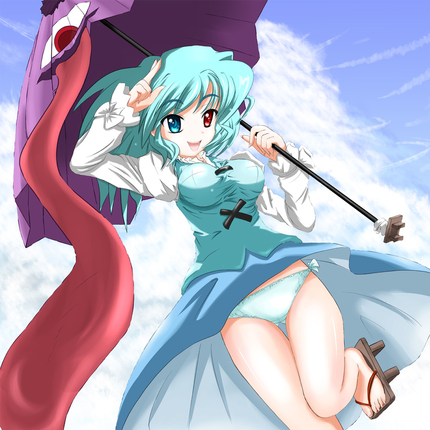 blue_hair breasts cloud day full_body geta heterochromia highres kado karakasa_obake large_breasts panties purple_umbrella skirt skirt_lift sky solo tatara_kogasa tongue touhou umbrella underwear upskirt