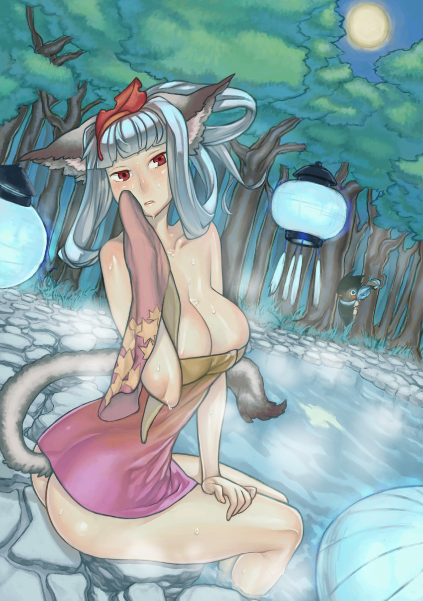 animal_ears ass bad_id bad_pixiv_id blue_hair blush_stickers breasts cleavage collarbone forest fox_ears hair_up harmaline highres huge_breasts kisuke kongiku lantern leaf leaf_on_head nature oboro_muramasa onsen paper_lantern sitting soaking_feet solo steam tail towel water wet