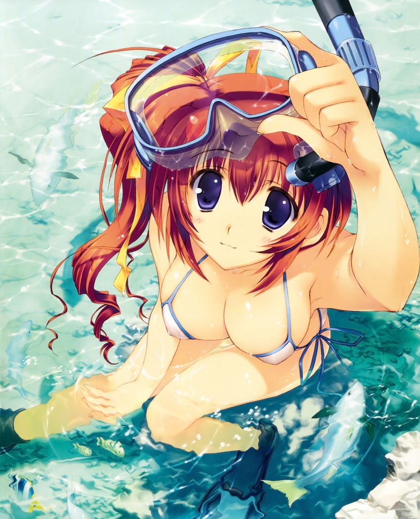 absurdres bikini blue_eyes blush breasts cleavage comic_party diving_mask duplicate fish flippers hair_ribbon highres large_breasts leaf long_hair mitsumi_misato nipples ponytail ribbon side_ponytail snorkel solo striped swimsuit takase_mizuki