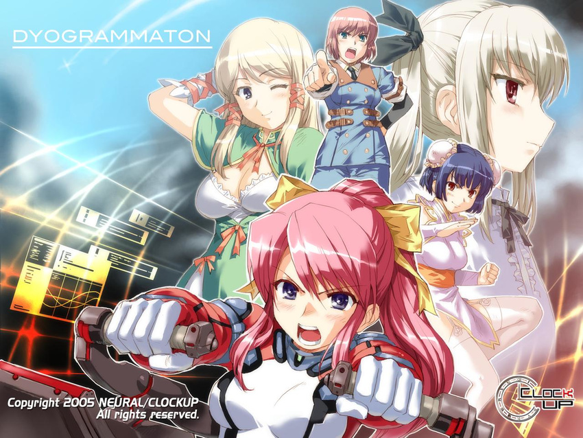 amatsue_hikari black_hair blonde_hair bodysuit chinese_clothes clock_up clockup double_bun dyogrammaton gelsomina_piacentini gelsomina_piacentini(mina) illuda_vaganova_ivanov lugh_burrenclare mecha pilot pink_hair ponytail purple_eyes ribbon shin_reihoh shin_reihou silver_hair wallpaper wink