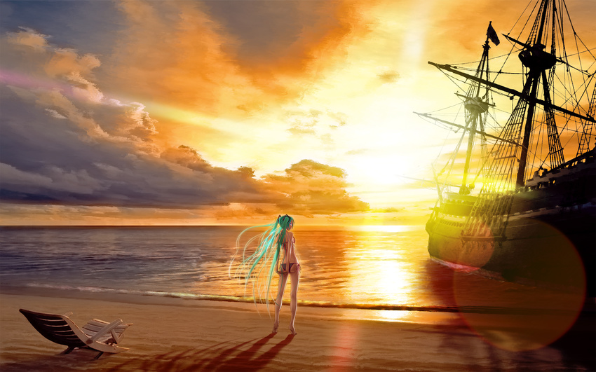 aqua_hair beach bikini boat hatsune_miku highres long_hair looking_back ship solo sunset swimsuit twintails very_long_hair vocaloid wallpaper watercraft wokada